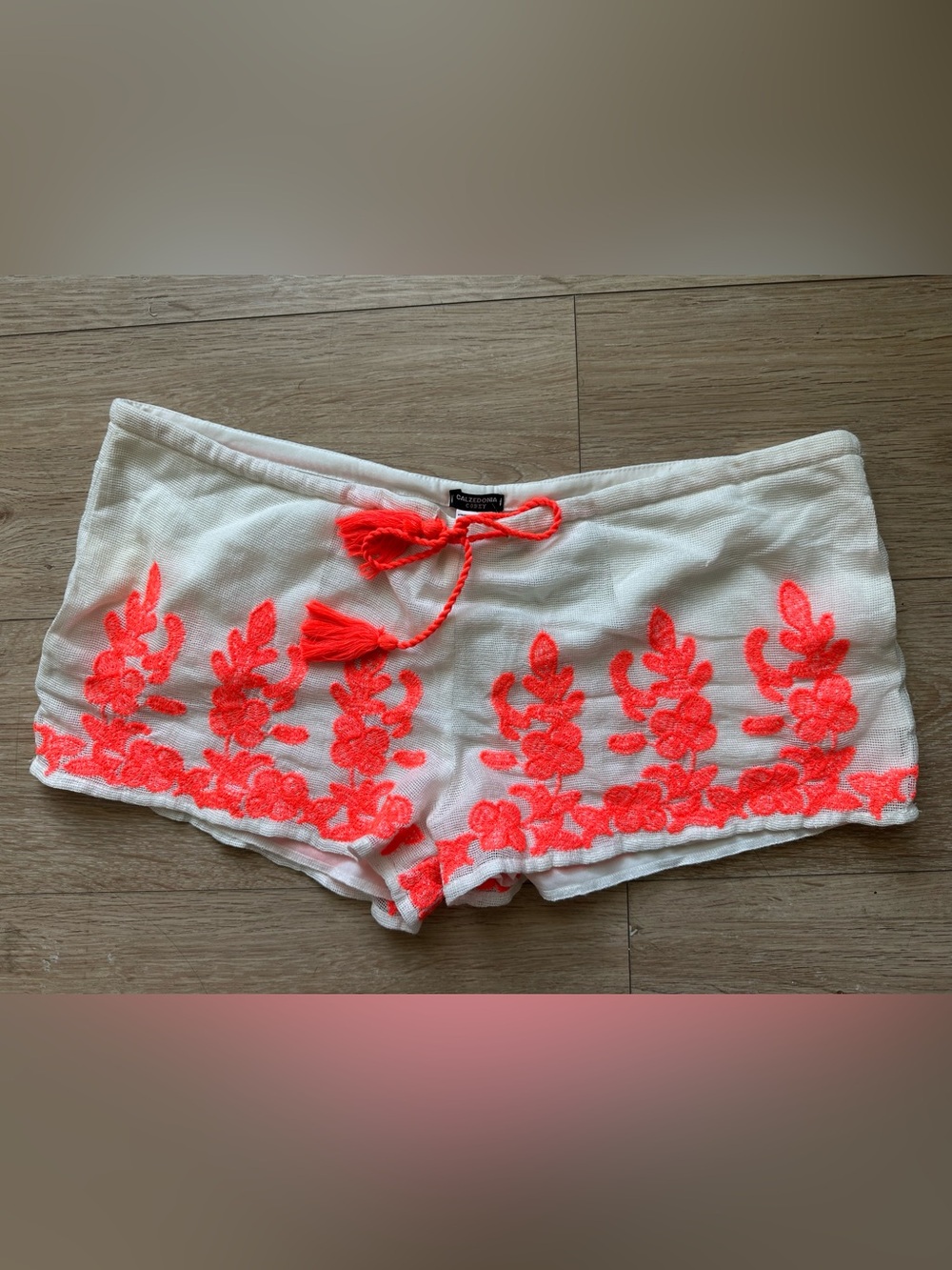Calzedonia -Women’s White Swim Coverup Shorts with Neon Coral Embroidery